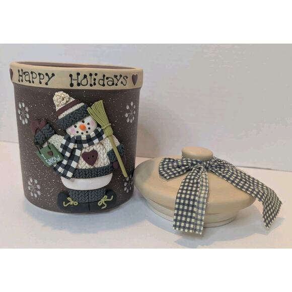 Snowman Happy Holidays 3D Ceramic Canister Cookie Jar Snowflake with Lid - Picture 2 of 5